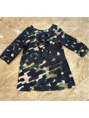 TULLE ANTHROPOLOGIE MEDIUM RUFFLE ABSTRACT Brush stroke PRINT BLOUSE